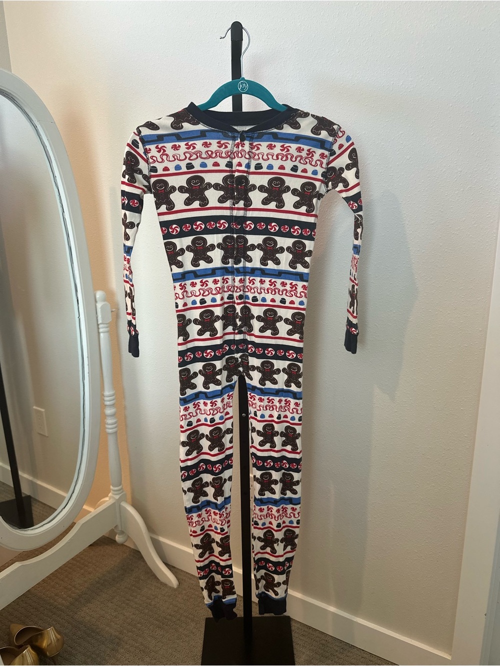 Kids Gingerbread Print One-Piece Pajamas - White & Navy